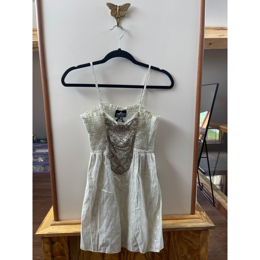 Angie Ivory Silver Lurex Smocked Beaded Bib Cami Top P2663 Boho Festival
